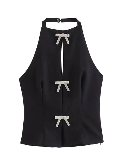 Rhinestone Bow Halter Top Women Off Shoulder White Crop Top Woman Party Backless Sexy Tops Summer Cut Out Short Black Top
