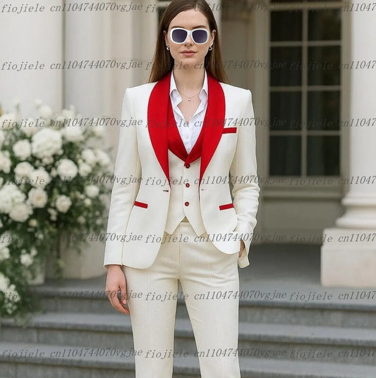 Red And White Formal Business Women Suit Wedding Party Prom Ladies Mother Girl Tuxedos Costume 3 Piece Set Blazer Vest Pants