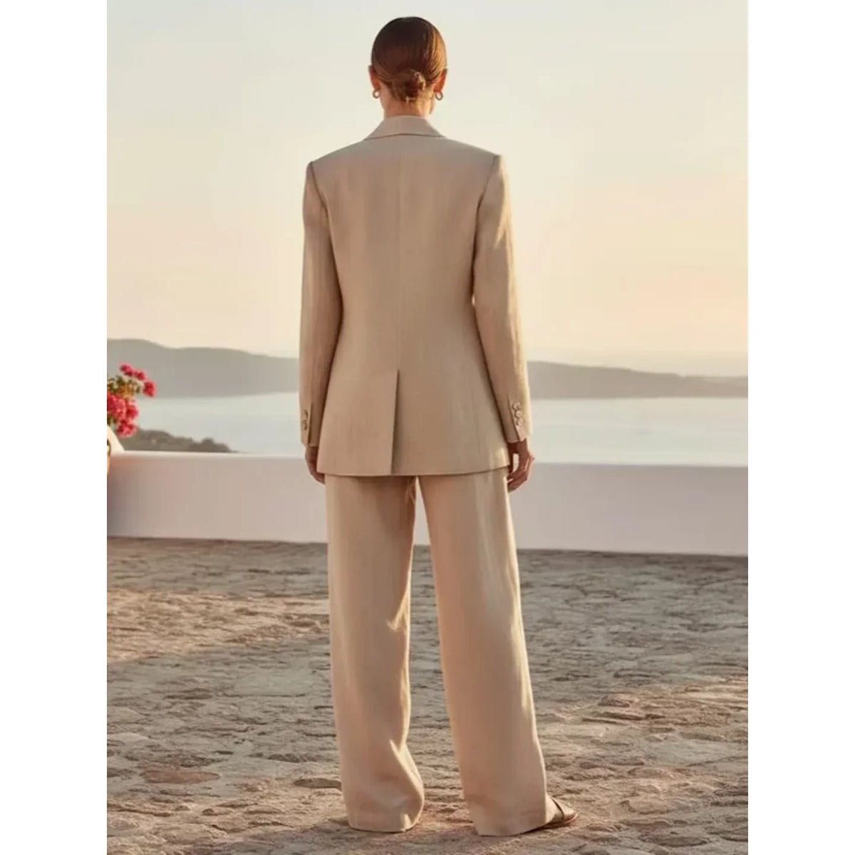 Beige Linen Blend Women's 2 Piece Pants Suit Casual Formal Business Office Wear Modest Blazer Wide Leg Trousers Set Customized