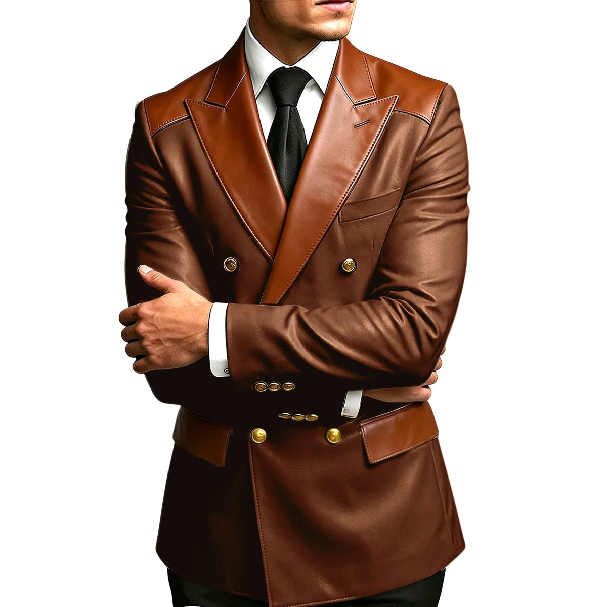 Luxury Men's Colorblock Leather Blazer Double Breasted Notched Lapel Business Casual Suit Jacket Fashion Formal Wear for Wedding