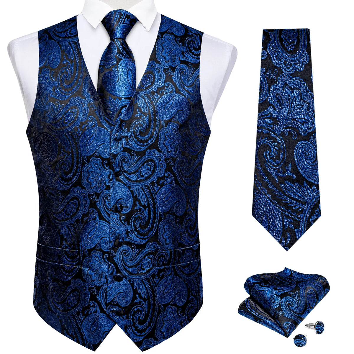 Men's Paisley Waistcoat Set – Single Breasted Formal Vest with Necktie and Pocket Square for Weddings and Business Events