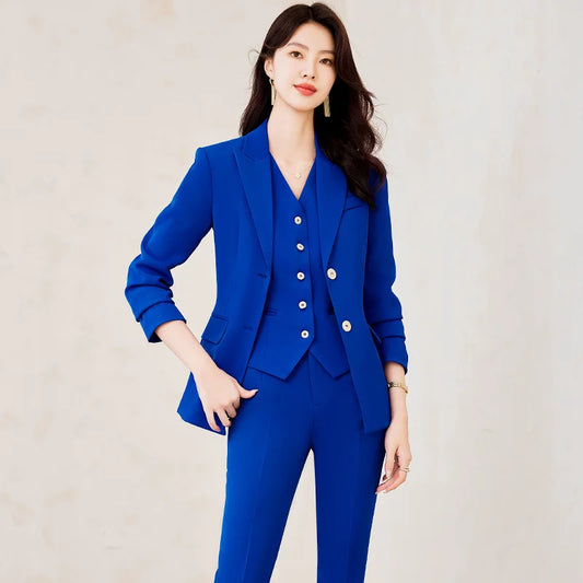Fashion Royal Blue Women's 3 Piece Blazer Suit Set with Vest And High Waist Pants Long Sleeve Solid Office Wear Female Outfit