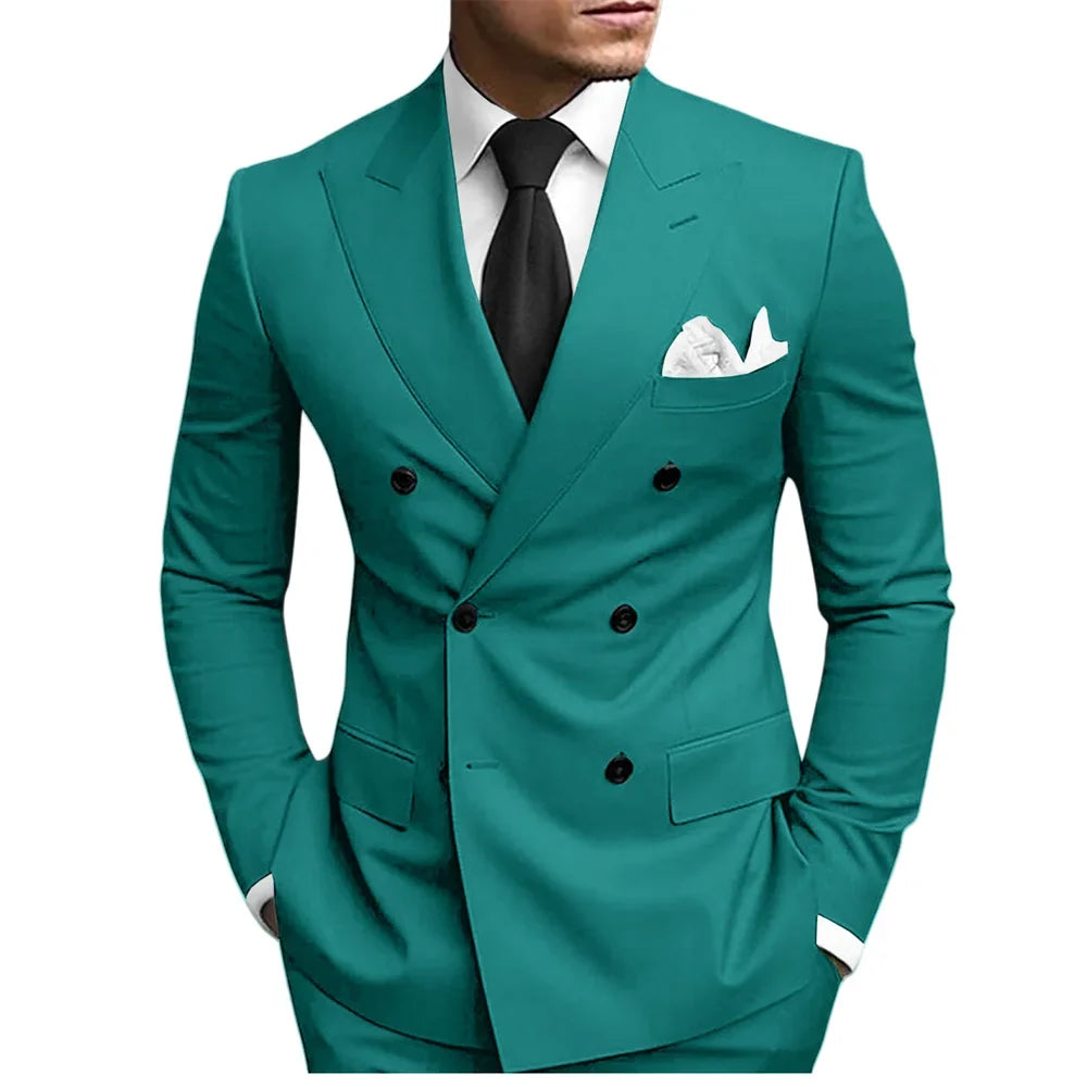 Classic Solid Suit Set 2 Pieces Jacket Pants For Men Wedding Groom Sets Double Breasted Men's Suits Banquet Tuxedo Wear XS-5XL