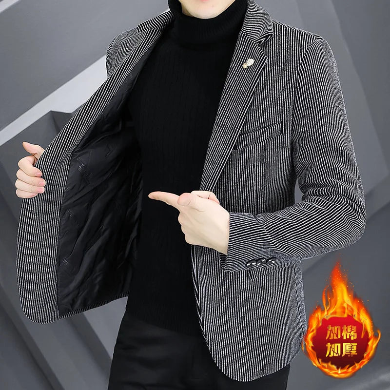 Blazer Autumn/Winter Golden Sable Velvet and Cotton Thickened Thermal Small Suit Fashion Business Men's Slim Blazer