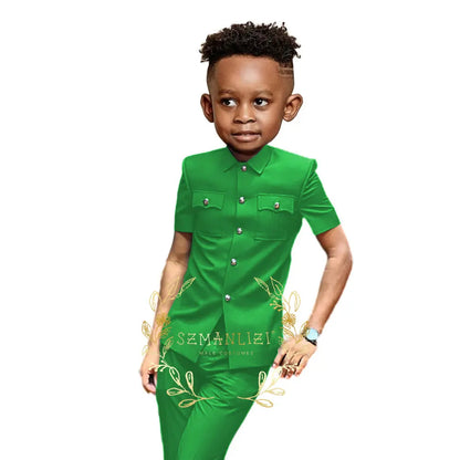 Boys Suit Black 2 Pieces Short Sleeve Party Tuxedo Formal Wedding Kids Clothes Indian Style Blazer Pants 2-16 Years Old