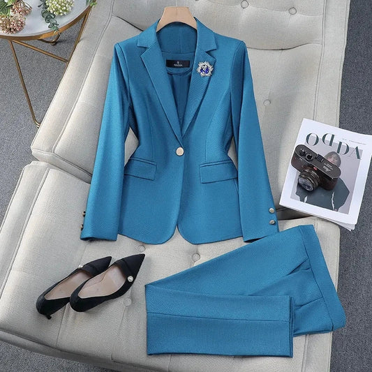 Ladies Blazer And Pant Suit Women Green Purple Blue Black Solid Formal Jacket Trouser Female Business Work Wear 2 Piece Set