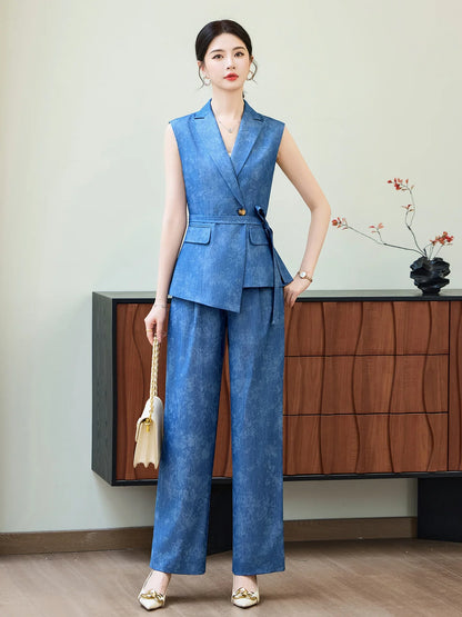 Comfortable 2026 Spring Suit Women's 2 Piece Suit Set Sleeveless Blazer Vest Wide Leg Pants Outfit Casual Office Workwear Dressy