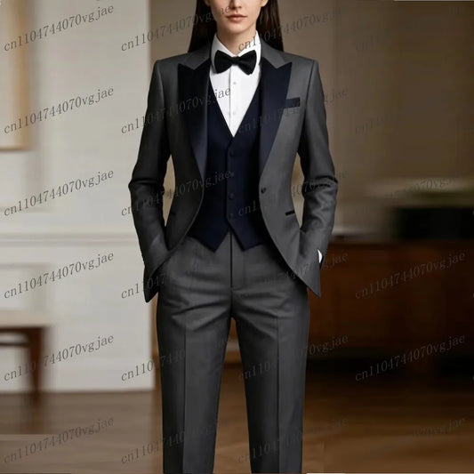 Dark Grey And Navy Blue Formal Business Women Suit Wedding Party Prom Ladies Mother Girl Tuxedos 3 Piece Set Jacket Vest Pants