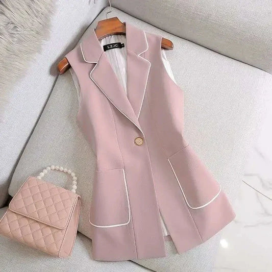New Women's Pink Blazer High End Office Vest Waistcoat Female Spring Autumn One Button Slim Less Sleeveless Short Jacket