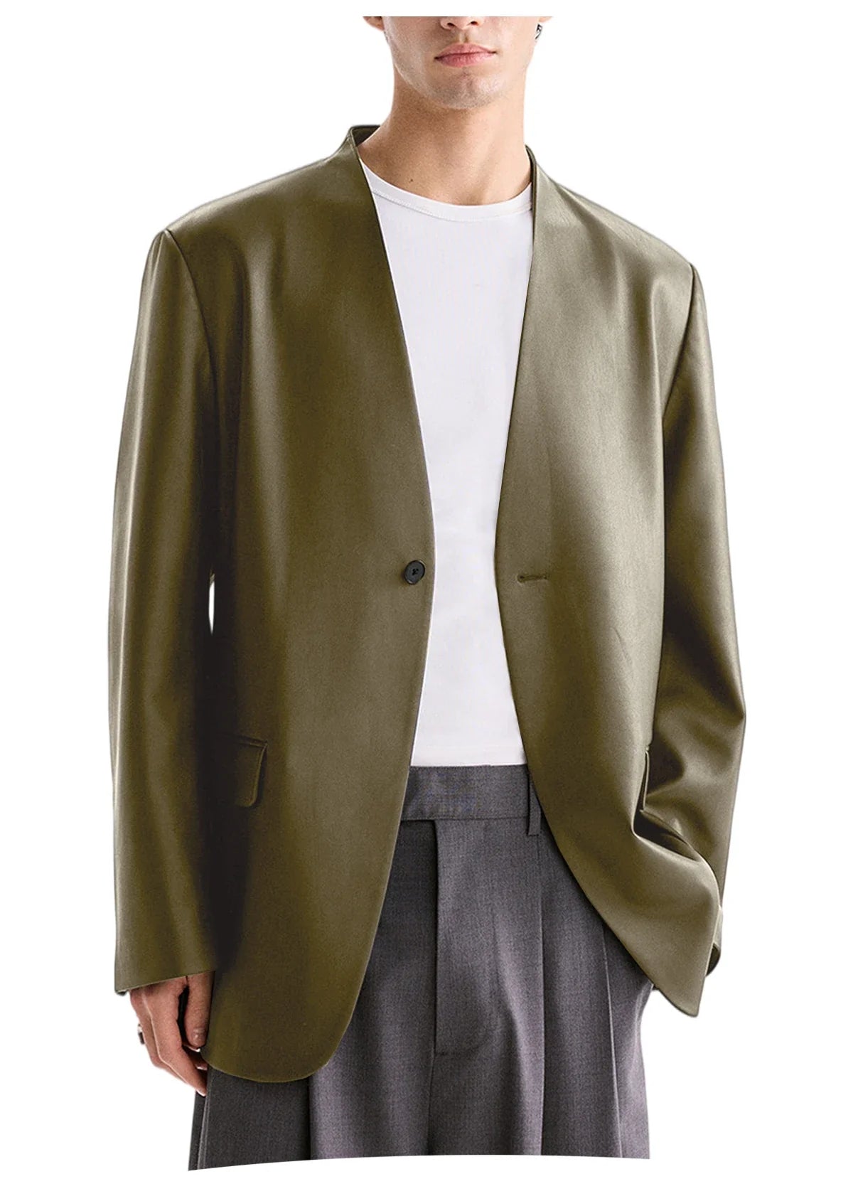 Men's PU Leather Collarless Blazer Single Button Loose Fit Jacket for Wedding Party Office