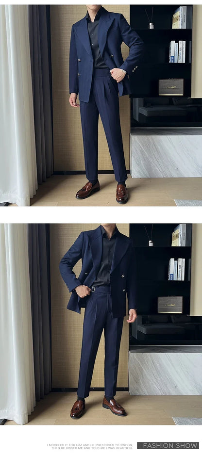 (Jackets+Pant)Fashion Double Breasted Design Men Suit Italian Style Luxury Elegant Business Social Wedding Dress Thick Suit 2Pcs