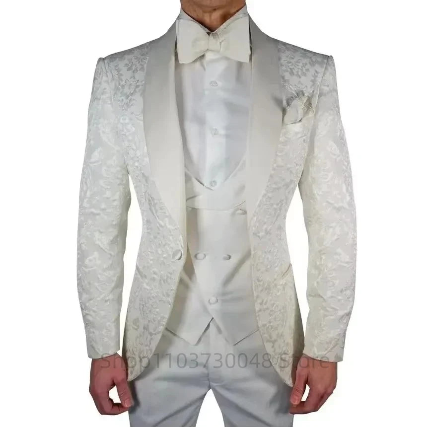 High Quality Men Wedding Jacquard Suits Fashion Male Business Social Dance Party Dress Shawl Lapel Blazers Pants with Vest