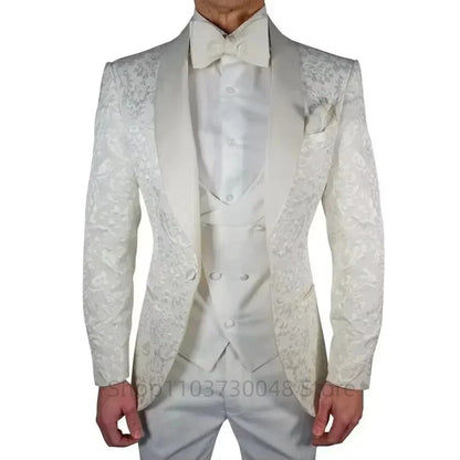 High Quality Men Wedding Jacquard Suits Fashion Male Business Social Dance Party Dress Shawl Lapel Blazers Pants with Vest