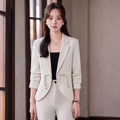 Elegant National Style Buckle Pants Suit  2024 Autumn New Professional Temperament Slim Blazer And Pants Office Ladies Work Wear