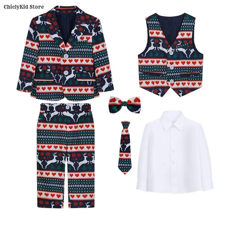 Boys Christmas Blazer Jacket Waistcoat Pants Wedding Suits Kids Morning Coat Formal Dress Children Tuxedos Toddler Clothes Sets