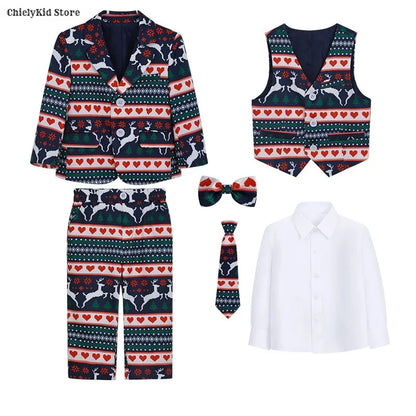 Boys Christmas Blazer Jacket Waistcoat Pants Wedding Suits Kids Morning Coat Formal Dress Children Tuxedos Toddler Clothes Sets