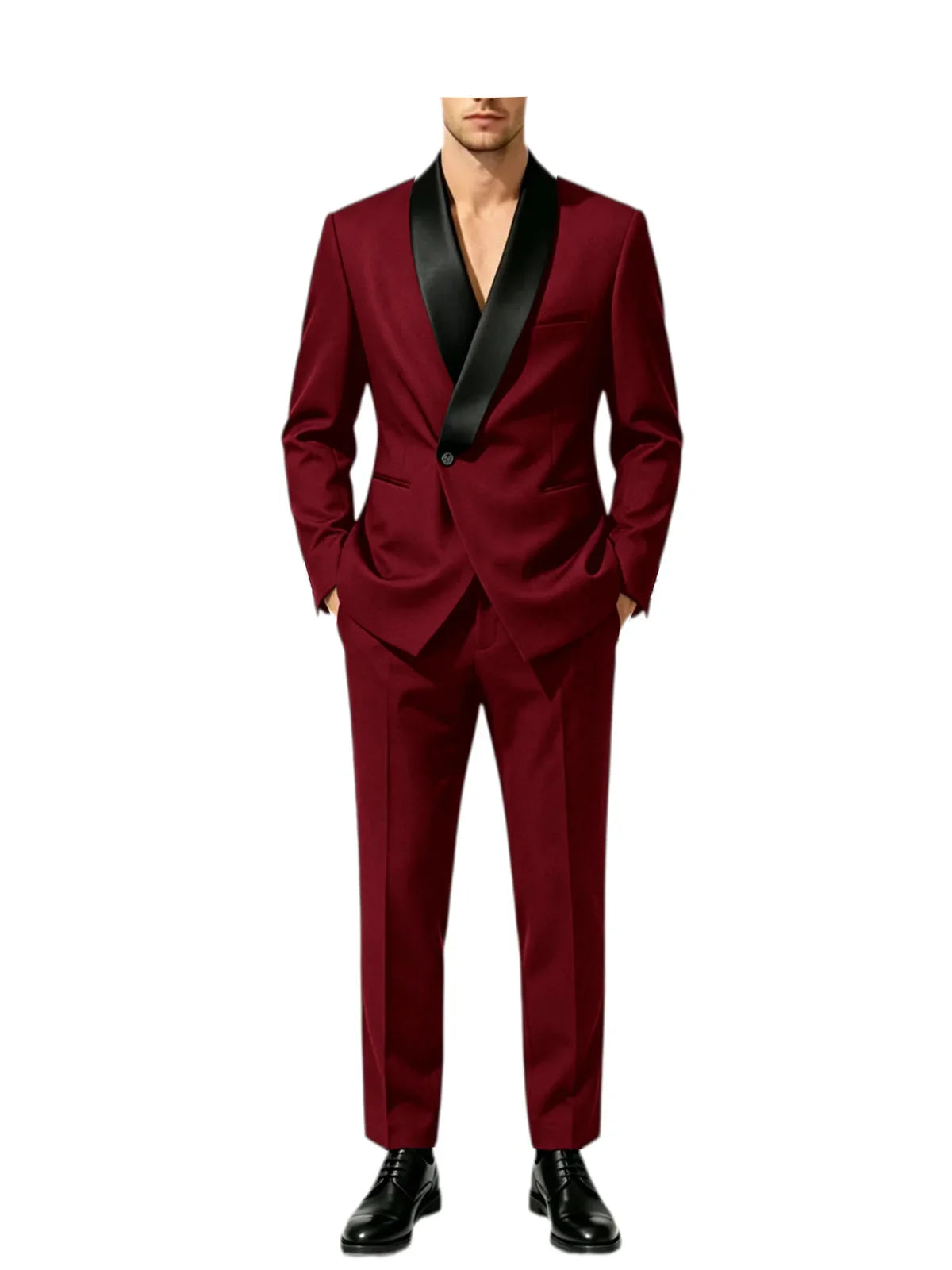 Men's Slim Fit Tuxedo Suit with Black Satin Shawl Lapel – 2-Piece Blazer & Pants for Wedding, Prom & Formal Events