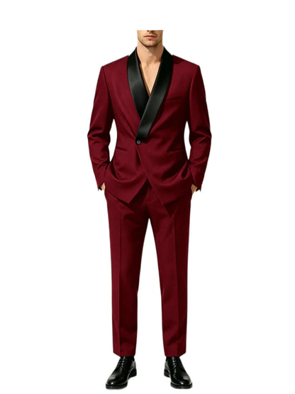 Men's Slim Fit Tuxedo Suit with Black Satin Shawl Lapel – 2-Piece Blazer & Pants for Wedding, Prom & Formal Events