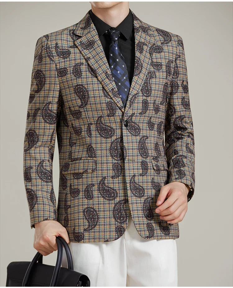 Autumn Winter Cashew Plaid Suit Jacket Men Fashion Casual Embroidered Jacquard Suit Jackets Business Social Party Men Blazers