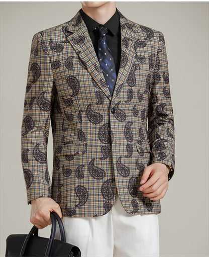 Autumn Winter Cashew Plaid Suit Jacket Men Fashion Casual Embroidered Jacquard Suit Jackets Business Social Party Men Blazers