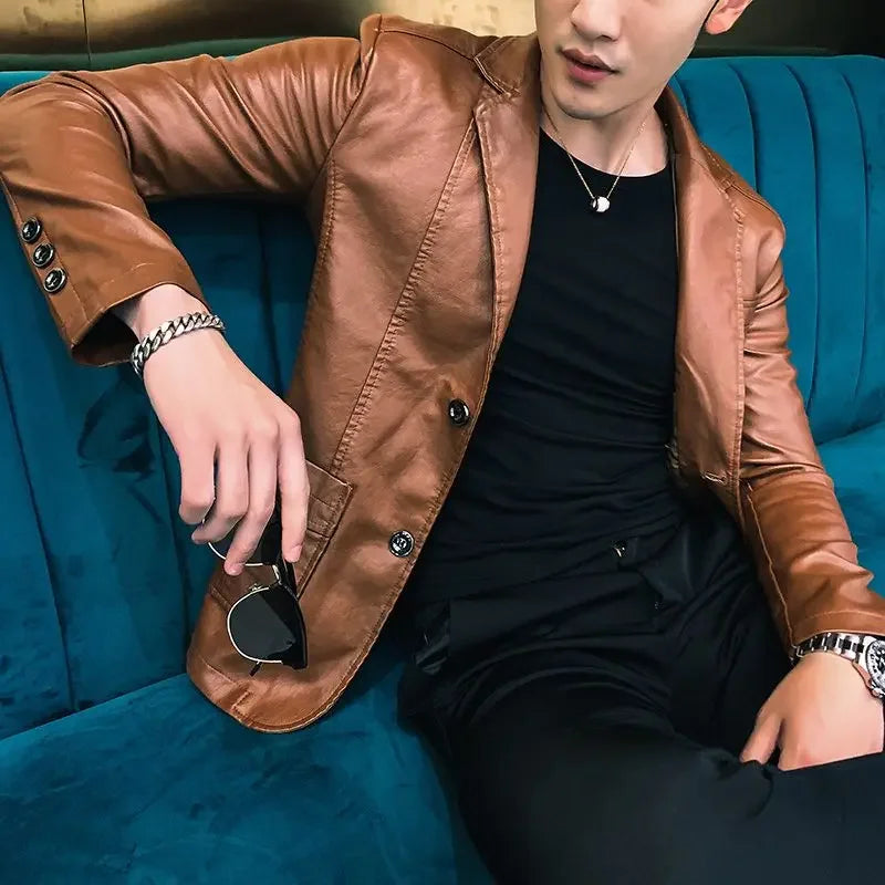 Coat Korean Style Male Leather Blazer Single Breasted Spring Clothes Men's Suit Jackets Luxury Designer High Quality Simple New