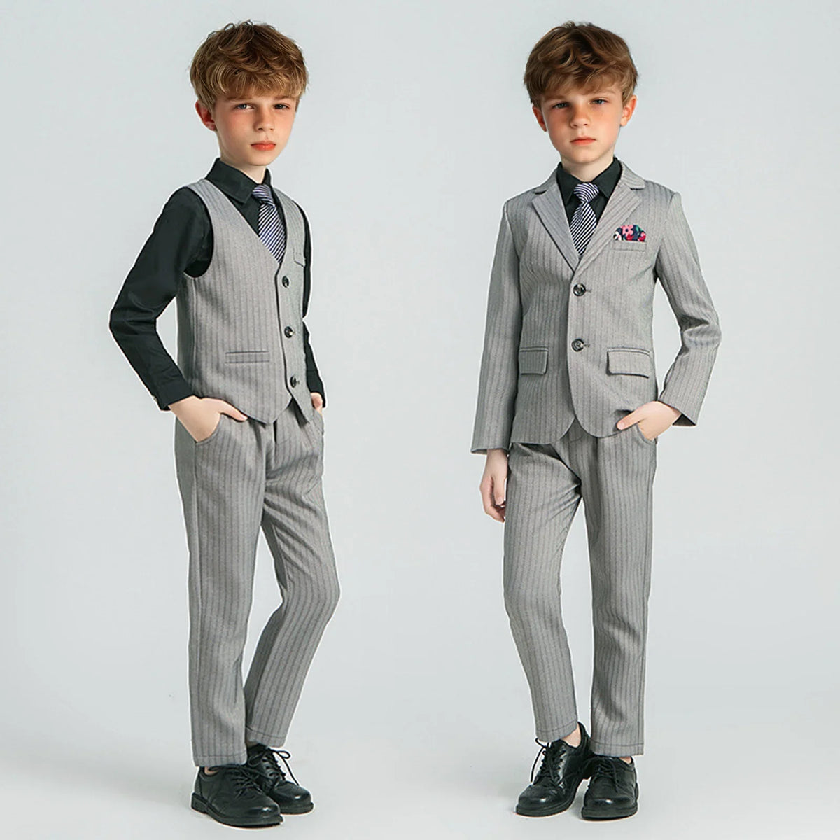 Kids Spring Autumn Striped Suit Set Flower Boys Wedding Outfit 1-11Years Children's Blazer Vest Pants Tie 4Pieces Clothes Set