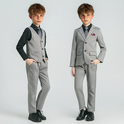 Kids Spring Autumn Striped Suit Set Flower Boys Wedding Outfit 1-11Years Children's Blazer Vest Pants Tie 4Pieces Clothes Set
