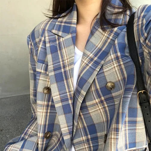 Spring Autumn 2024 British Style Women's Long Sleeve Loose Casual Plaid Jacket Elegant Outerwear Top Trendy Commute Wind