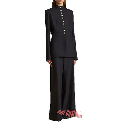 Elegant Women's Suits Pinstripe Two-piece(Jacket+Pants) Set with Stand Collar Gold Single Breasted Business Office Lady Outfit