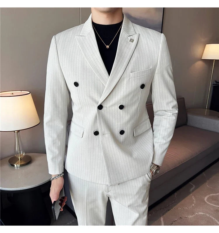 (Jacket + Vest + Pants)Three Piece Set Men Blazers Set stripe Suits Busines Casual Slim Fit Formal Dress Groom Tuxedo Wedding