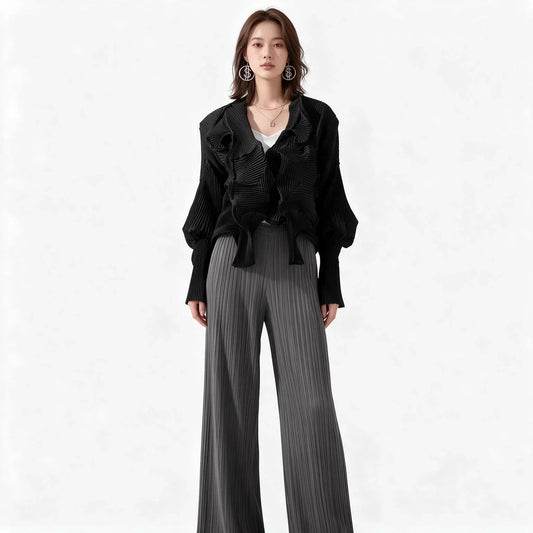 Women Pleated Ruffle Blouse V Neck Long Sleeve Loose Irregular Hem Pleated Shirt Casual Tops