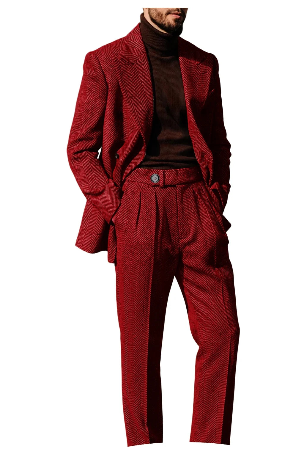 Men's Herringbone Suit 2-Piece Set – Double Breasted Blazer & Trousers for Wedding & Business