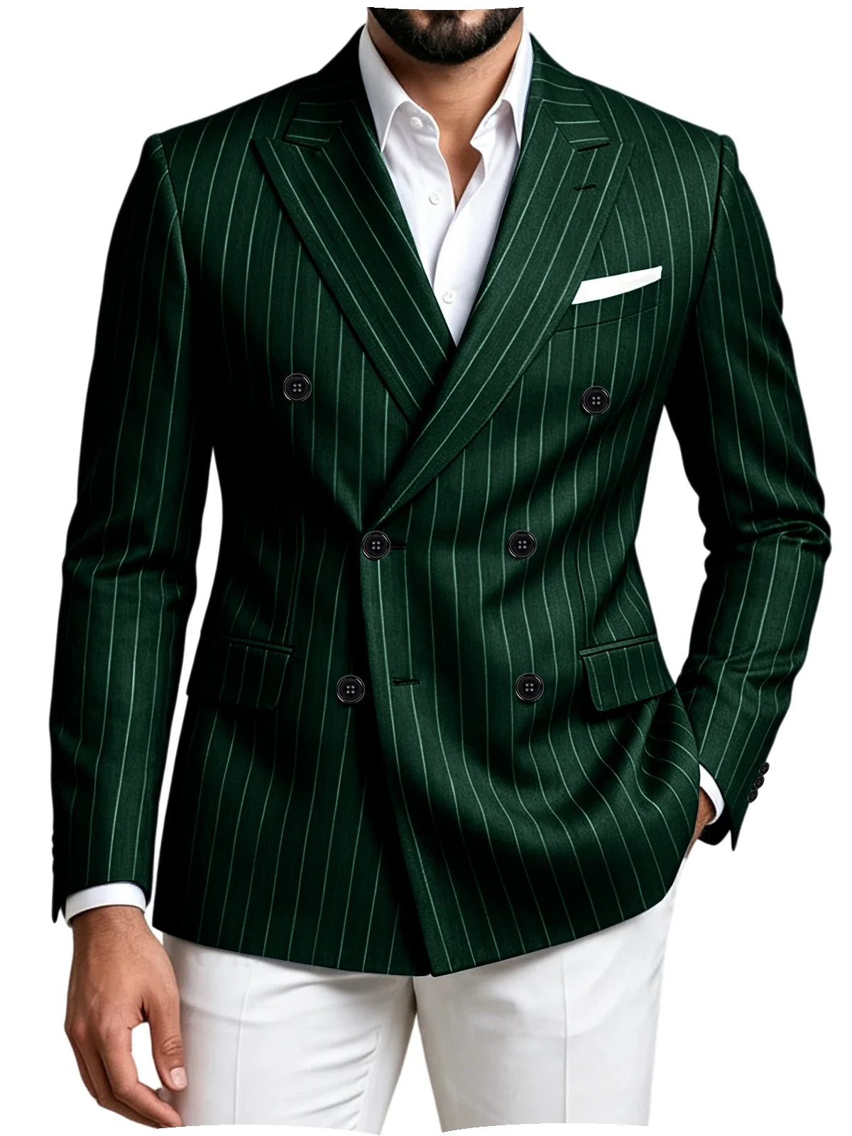Men Striped Double Breasted Suit Jacket Notch Lapel Business Slim Fit Formal Blazer Elegant Lightweight Dress Coat For Prom Work