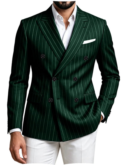 Men Striped Double Breasted Suit Jacket Notch Lapel Business Slim Fit Formal Blazer Elegant Lightweight Dress Coat For Prom Work