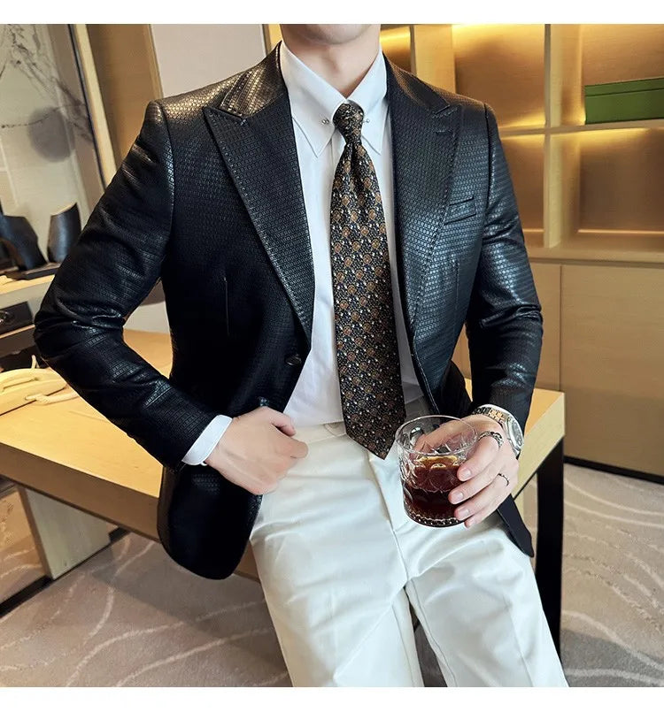 Korean Waffle Leather Suit Jacket Men's Business Casual PU Leather Blazer Slim Fit Wedding Groom Office Social Formal Coats 2026
