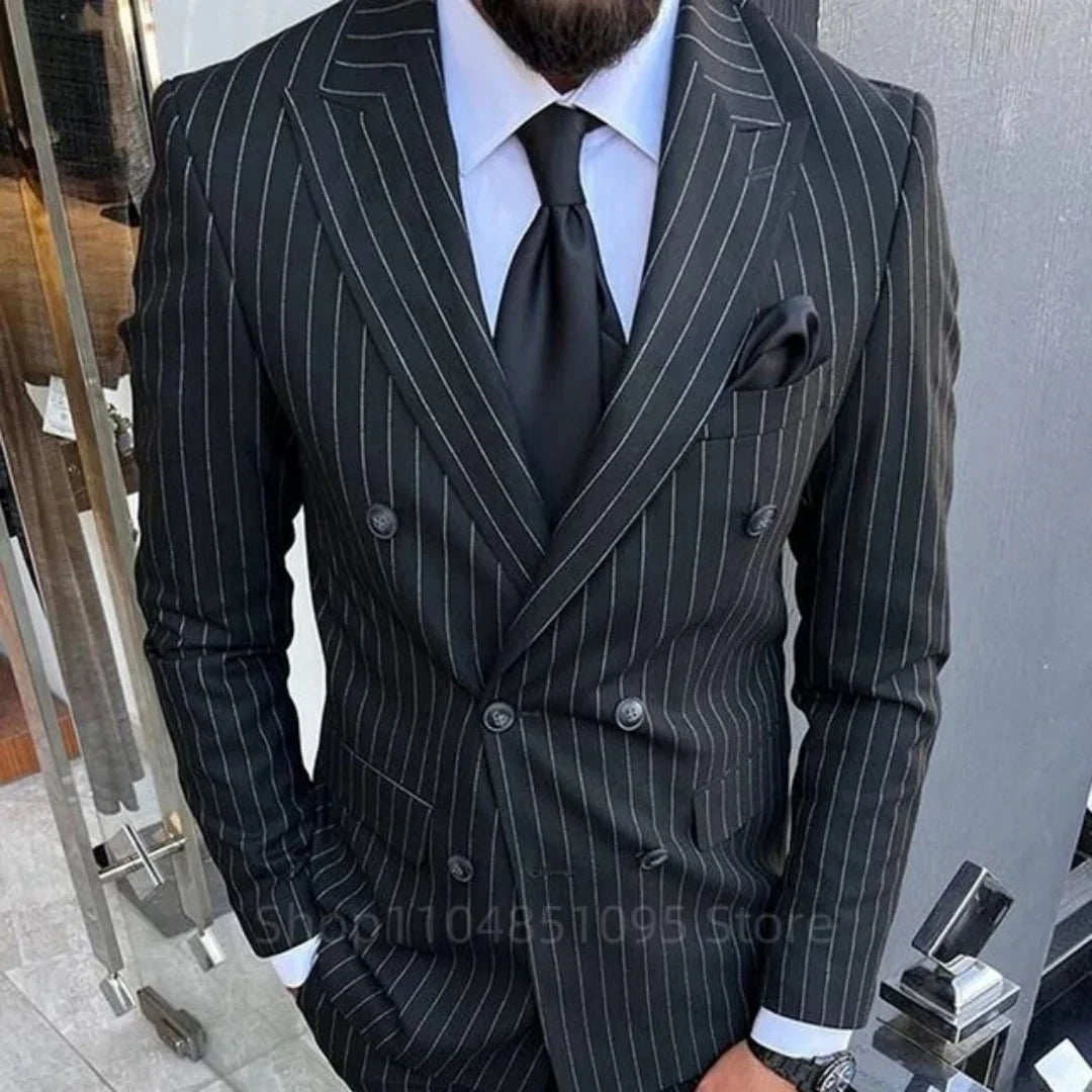 New Black Striped Men's Suit Slim Fit Business Peak Lapel Double Breasted Jacket Pants Wedding Party Prom Suits Set of 2 Piece