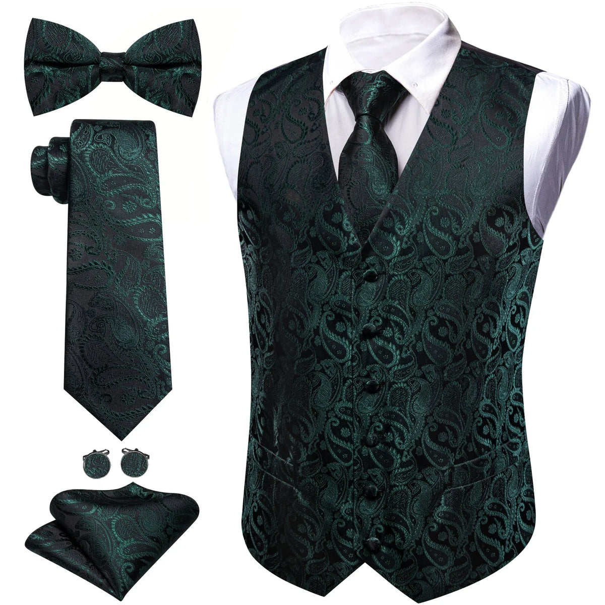 Men's Jacquard Suit Vest Set with Tie, Bow Tie, Pocket Square & Cufflinks – Wedding & Formal