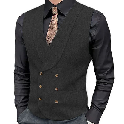Men's Herringbone Double-Breasted Vest with Lapel – Brown Suit Waistcoat for Wedding & Formal Occasions