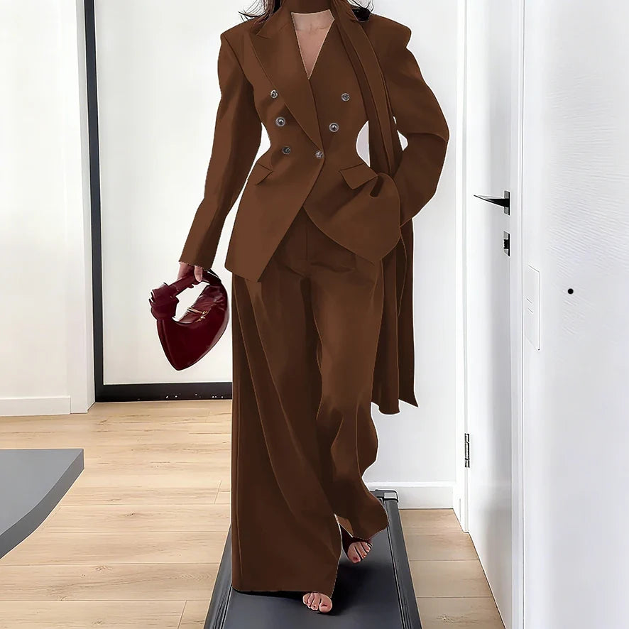 Elegant Women Double Breasted Suit Set Double Breasted Peaked Lapel Blazer+Pants Daily Slim Fit Office Evening Party Outerwears