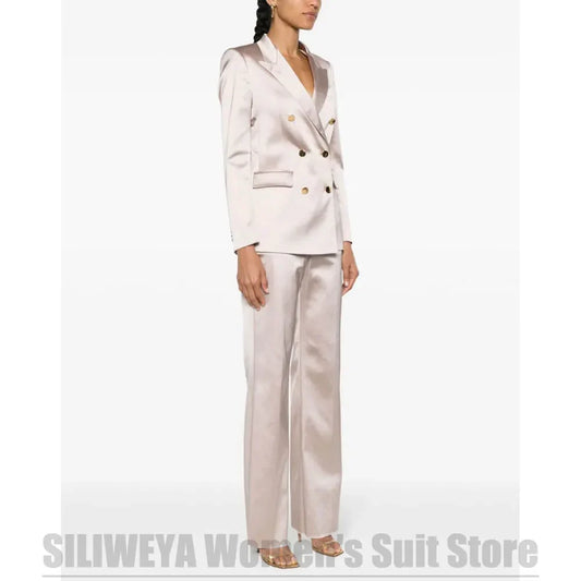 Fashion Satin Women's Suit 2 Piece Double Breasted Peak Lapel Blazer Wide Leg Pants Set Shiny Fabric Wedding Party Suits