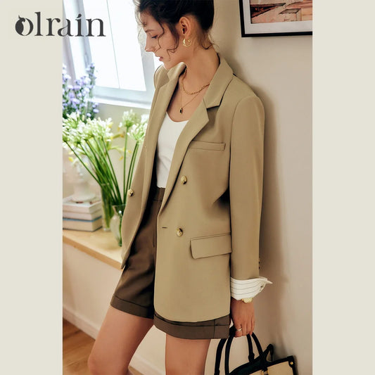 Women French Khaki Patchwork Suit Jacket 2026 autumn new in Fads Fake Two-Piece Set Casual Office Chic Jackets O22QW59282
