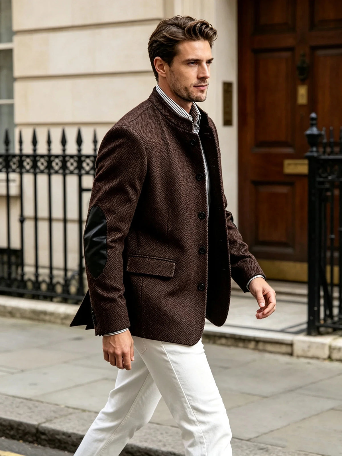 Vintage Men's Mandarin Collar Herringbone Tweed Blazer with Leather Elbow Patch Wool Blend Business Casual Slim Fit Suit Jackets