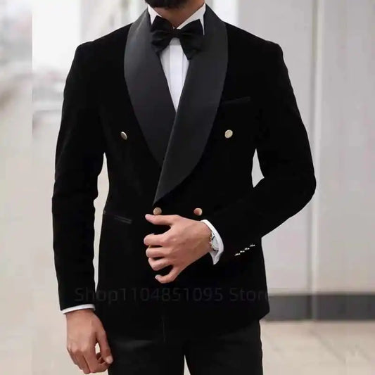 2 Pieces Black Velvet Suits for Men Shawl Lapel Double Breasted Blazer Pants Wedding Groom Tuxedos Men Outfits for Party Prom