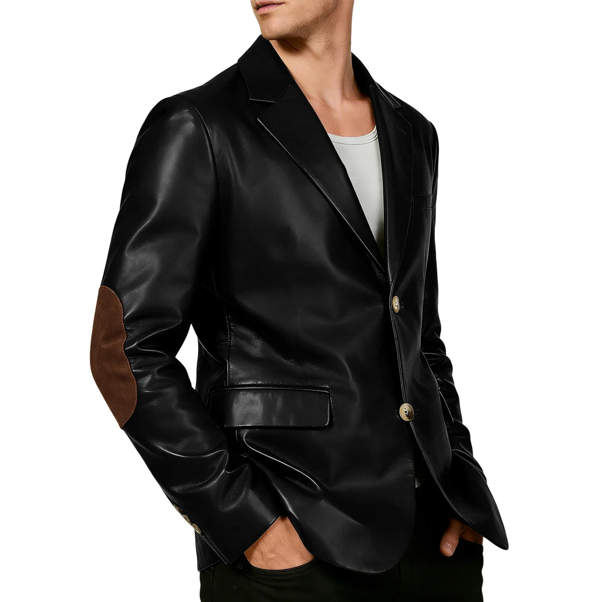Men's Shiny Leather Blazer with Suede Elbow Patches Slim Fit 2-Button Notch Lapel Suit Jacket Streetwear Casual Party Sport Coat