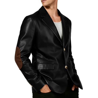 Men's Shiny Leather Blazer with Suede Elbow Patches Slim Fit 2-Button Notch Lapel Suit Jacket Streetwear Casual Party Sport Coat
