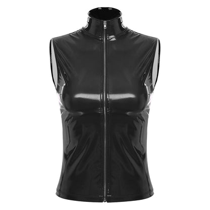 Adults Wet Look Sleeveless Waistcoat Women Fashion Zipper Vest Patent Leather Tops Vests Nightclub Clubwear Clubbing Costume