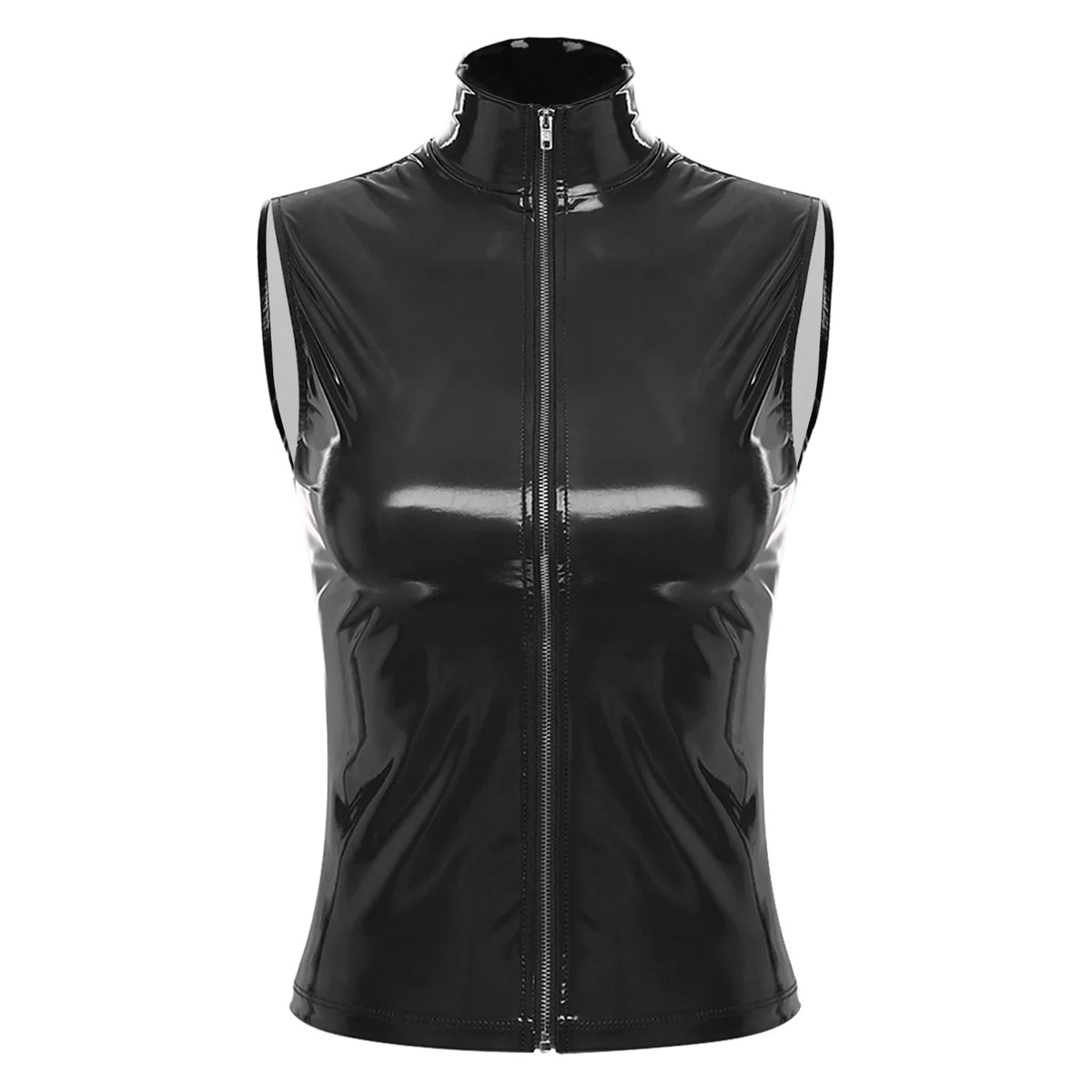 Adults Wet Look Sleeveless Waistcoat Women Fashion Zipper Vest Patent Leather Tops Vests Nightclub Clubwear Clubbing Costume
