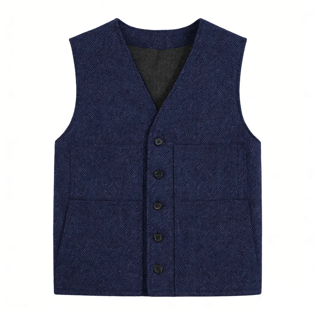 Men's Vest Gray Herringbone Single Button V-Neck Waistcoat for Wedding & Business