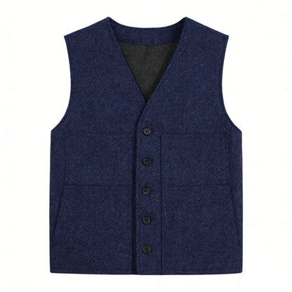 Men's Vest Gray Herringbone Single Button V-Neck Waistcoat for Wedding & Business