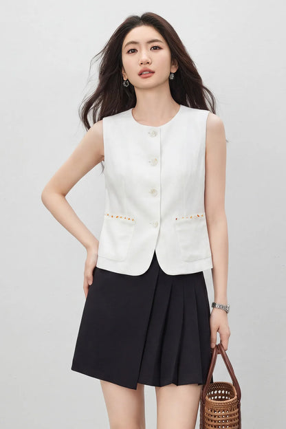 Women's White Vest Blazer 2026 Summer Round Neck Slim Thin Simple Versatile Top Ladies Commute Outfit Q62JA7390
